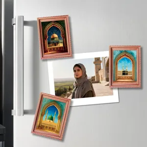 Islamic architecture fridge magnets, wooden photo frame magnetic stickers for home kitchen decor.