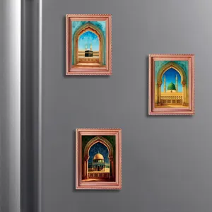 Islamic architecture fridge magnet set, decorative wooden photo frame magnetic sticker home decor
