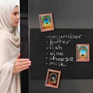 Middle Eastern style architectural wooden picture frame fridge magnet detail view, home decor.