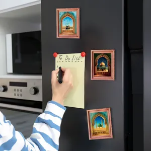 Detail shot of Middle Eastern architectural fridge magnets, wooden photo frame magnetic decor.