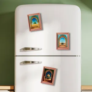 Islamic architecture fridge magnets set, decorative wooden photo frame style for home decor.
