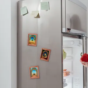 Middle Eastern architecture fridge magnets detail view, wooden decorative magnetic photo frame set for home.