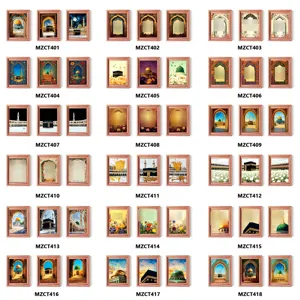 Wooden Islamic Architecture Fridge Magnet Set Middle Eastern Style Landscape Photo Frame Magnetic Sticker Home Decor