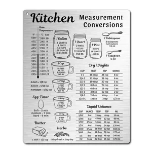 Stainless steel kitchen measurement conversion chart magnet with clear oven and liquid cooking guides.