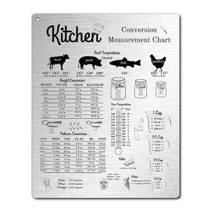 Kitchen conversion chart metal magnet for cooking measurement weights and volume calculation.