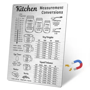 Metal kitchen measurement conversion chart magnet for refrigerator, useful cooking tool.