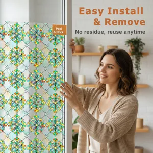 Decorative 3D embossed stained glass window film for home privacy and easy DIY decor.
