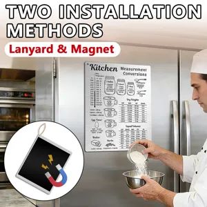 Stainless steel kitchen measurement conversion chart magnet with dual installation methods for cooking baking.