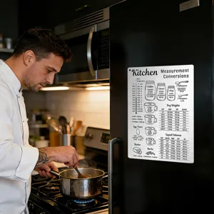 Stainless steel kitchen measurement conversion chart refrigerator magnet for easy cooking reference.