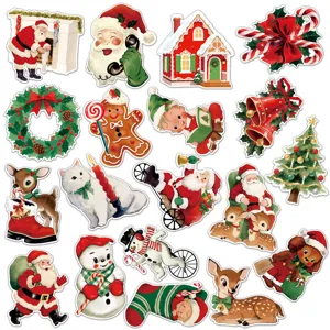 Retro Christmas magnetic stickers set detail featuring vintage Santa and cute holiday characters.