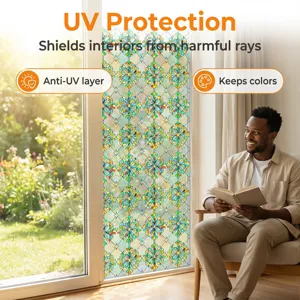 3D embossed stained glass window film, static cling decorative floral privacy film for home