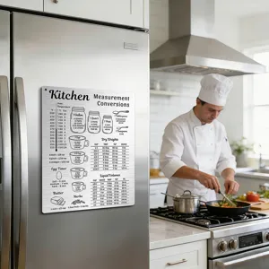 Kitchen measurement conversion chart magnet for fridge, stainless steel baking cooking tool.