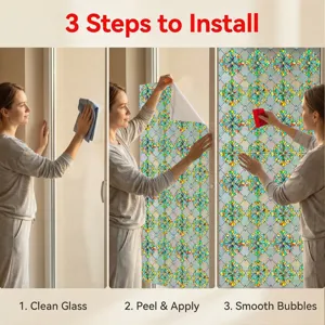 Detailed view showing 3 simple installation steps for colorful stained glass film.