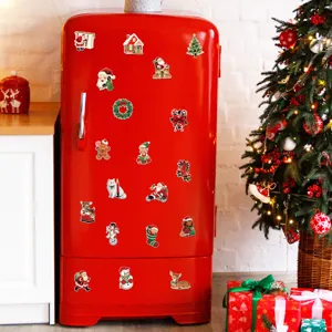 Vintage Christmas magnetic stickers featuring cute retro Santa and snowman for fridge and dishwasher.