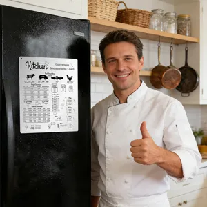 Kitchen conversion chart magnet detail view showcasing measurement units and cooking guide.