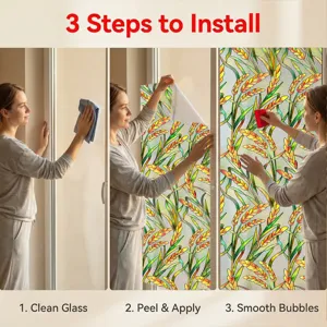 3D embossed window glass film featuring elegant wheat pattern for home decoration details.
