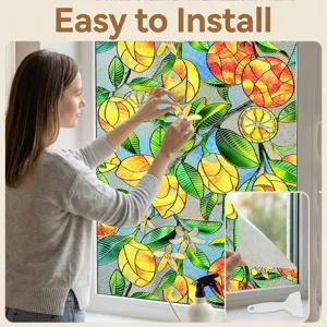 3D Embossed Stained Glass Window Film Floral Lemon Privacy Static Cling Window Sticker