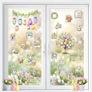 Easter window stickers cute rabbits and colorful eggs removable glass decals for holiday decor
