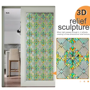 Detail view of 3D embossed static window film showing colorful vintage floral stained glass pattern.