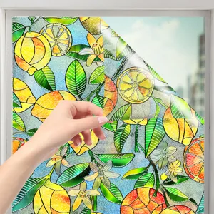 Stained glass window film with lemon fruit and floral botanical pattern for home decor.