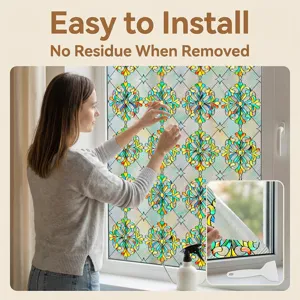Decorative 3D embossed floral glass window sticker installation detail view and tool set.