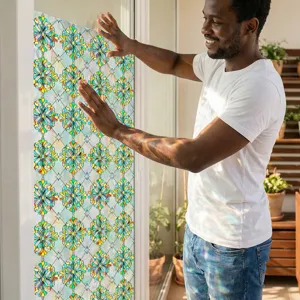 3D embossed stained glass window film decorative floral static cling privacy sticker