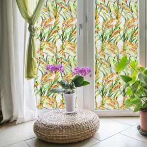 Close-up view of 3D embossed wheat stained glass window film for home privacy and decor.