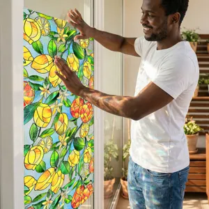 Static window film with 3D embossed lemon and flower pattern for home decoration and privacy.