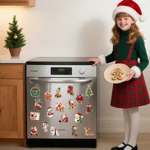Vintage Christmas magnetic stickers for refrigerator and dishwasher holiday decor.
