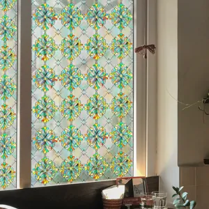 3D embossed stained glass window film, decorative floral privacy static cling film for home.