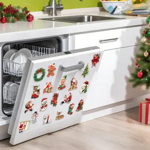 Vintage Christmas magnetic stickers for refrigerator and dishwasher holiday decor details view.
