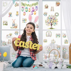 Easter window stickers featuring cute watercolor bunnies, colorful eggs, and festive holiday decor.
