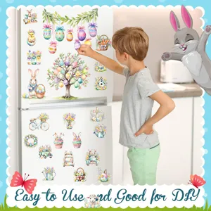 Easter bunny egg refrigerator sticker detail view showing colorful DIY holiday home decor.