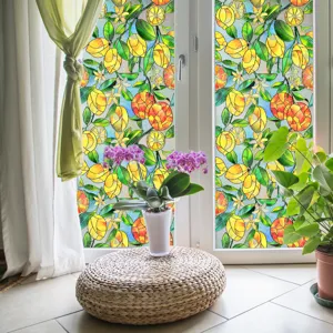 Detailed view of stained glass lemon window film showcased in a bright home interior setting.