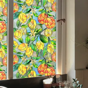 3D embossed stained glass window film with vibrant lemon fruit pattern for home decor.