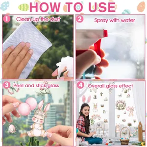Easter bunny egg window sticker detail instruction showing easy application steps for home decor.