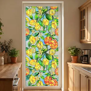 Detailed scene of stained glass lemon window film applied on kitchen door glass deco.