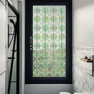 Detailed scene view of colorful 3D embossed window glass film applied on modern door.