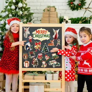 Vintage Christmas magnetic stickers for refrigerator and dishwasher, retro holiday decor.
