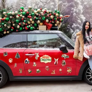 Vintage Christmas magnetic stickers detail showcasing festive car and home decor elements.