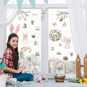 Easter Bunny Egg Window Stickers Cute Rabbit Floral Wreath Glass Decals for Holiday Home Decor