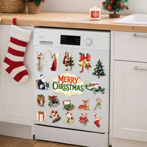 Christmas magnetic sticker detail showing retro vintage designs on kitchen fridge surface.