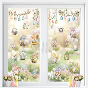 Easter window stickers cute gnomes and colorful eggs glass decals for holiday home decoration