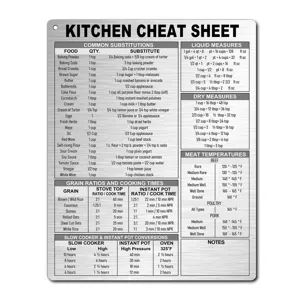 Kitchen cheat sheet magnet for cooking measurements, conversion chart and baking substitution info