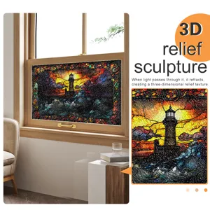 3D Relief Buntglas Fensterfolie, statische Leuchtturm Aufkleber fuer die Heimdekoration.