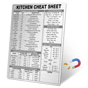 Stainless steel kitchen cheat sheet magnet, cooking conversion chart for fridge and metal surfaces.