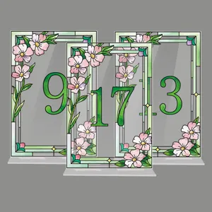 Acrylic table number sign with stained glass floral design, perfect for wedding party decor.
