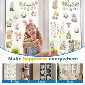 Detailed view of Easter window stickers with cute gnomes and colorful eggs on glass surface.
