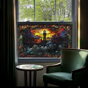 Detailaufnahme von Buntglas-Folie mit Leuchtturm-Motiv für die Dekoration von Fenstern.