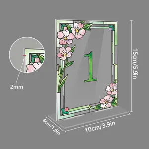 Acrylic table number sign with floral stained glass design, 15x10cm wedding party decor detail.